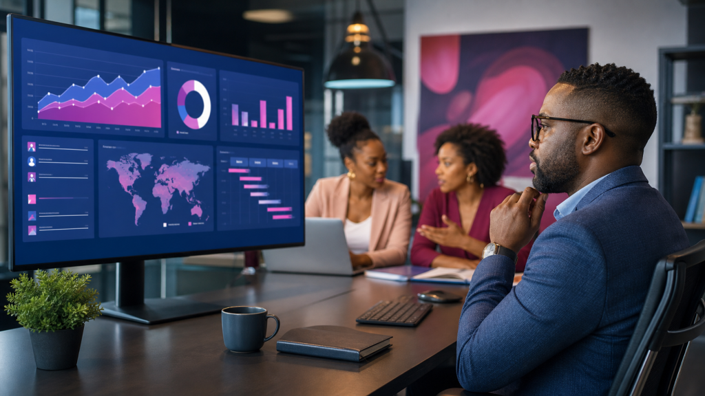 Équipe pilotant une stratégie digitale avec un tableau de bord